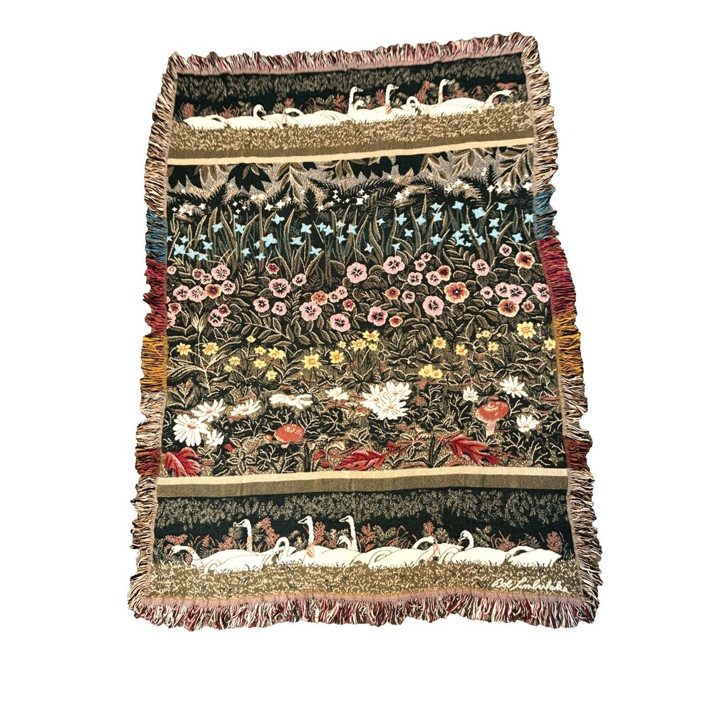 Vintage Bob Timberlake Throw Tapestry Blanket Swans Flowers Made in USA